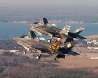 F-35B Aircraft Fly In Formation In Short Takeoff/Vertical Landing Mode