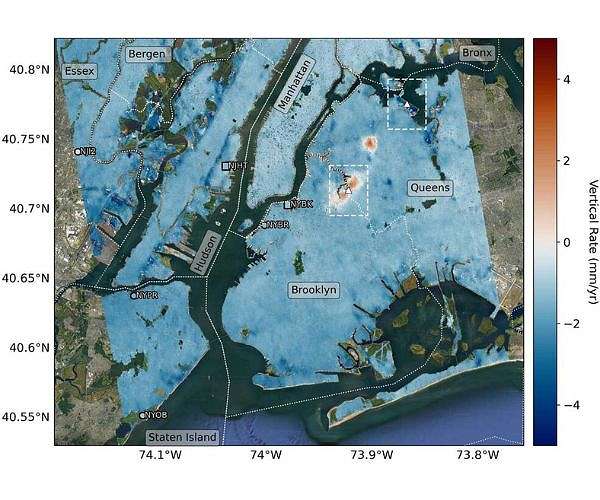 NASA-led study pinpoints areas of New York City sinking, rising